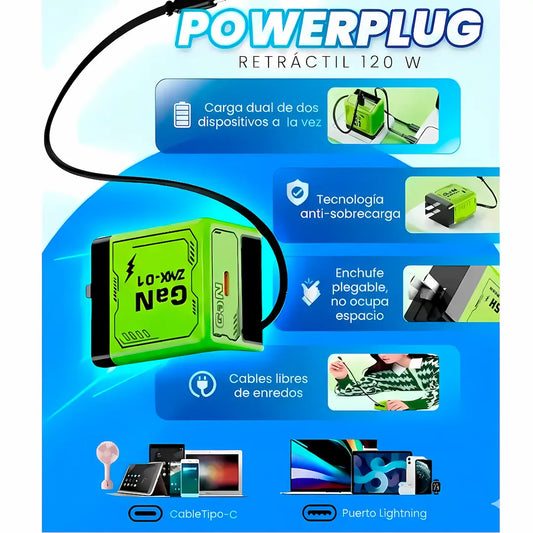 POWERPLUG Carga Ultrarrápida con Tecnología de Galio y cable cargador retraíble