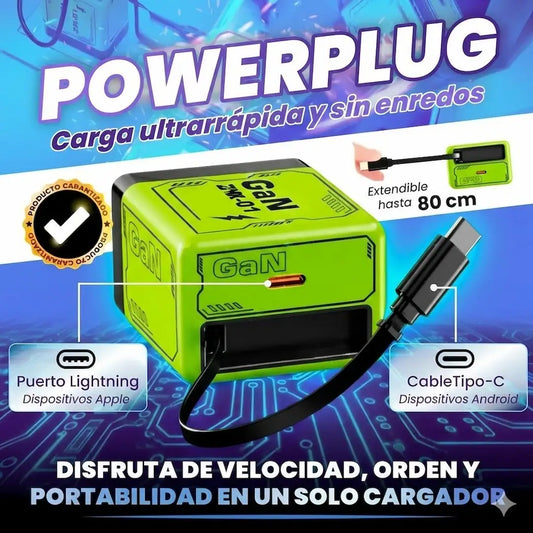 POWERPLUG Carga Ultrarrápida con Tecnología de Galio y cable cargador retraíble