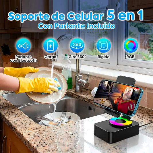 Soporte de Celular 5 en 1: Parlante Bluetooth, Power Bank y Luces RGB